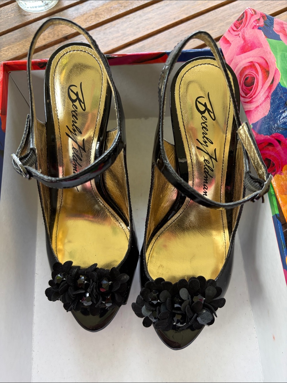 Beverly Feldman Black Patent Floral Peep-Toe Slingback Heels with Gold Insole